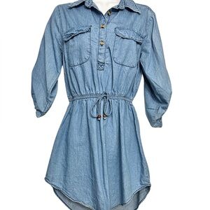Speed Control Blue Denim Shirt Dress Gathered Waist High Low Hem Womens SZ Small